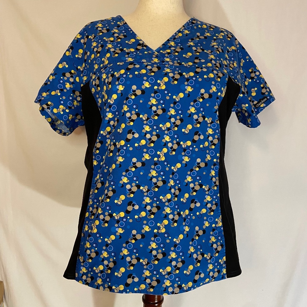 Colorful Cherokee V-neck Scrub Top Black & Blue w/ Stretchy Side Panels Size XL